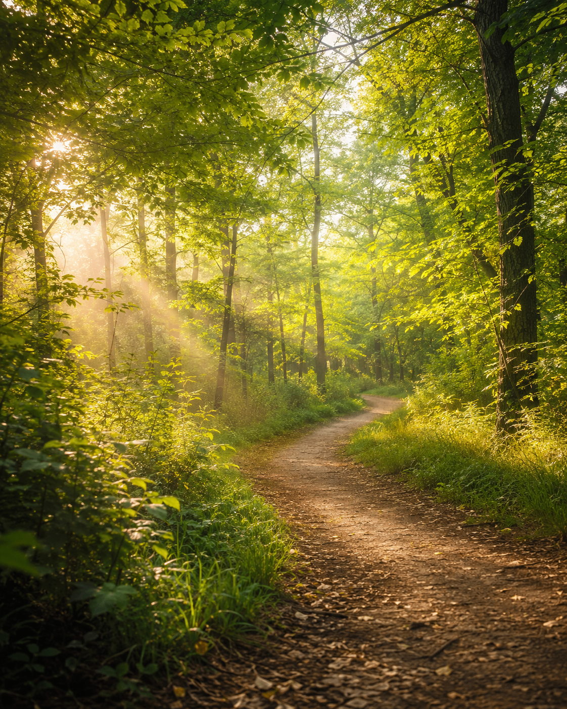 Heller Waldweg im warmen Morgenlicht